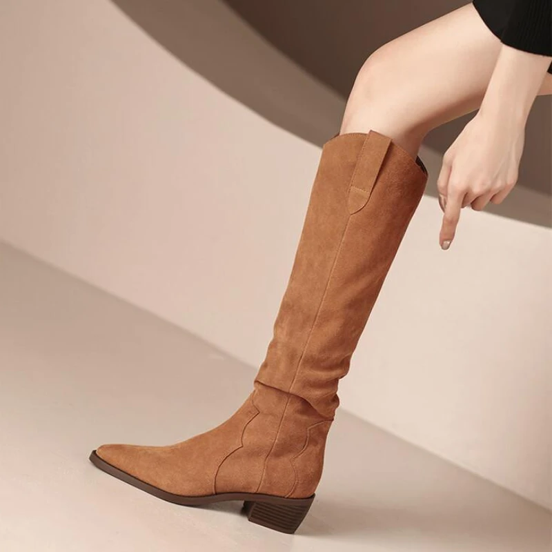 

2024 New Leather Women Round Toe Platform Knee High Boots Knight Boots Female Autumn and Winter Chunky High Heels Boots Winter