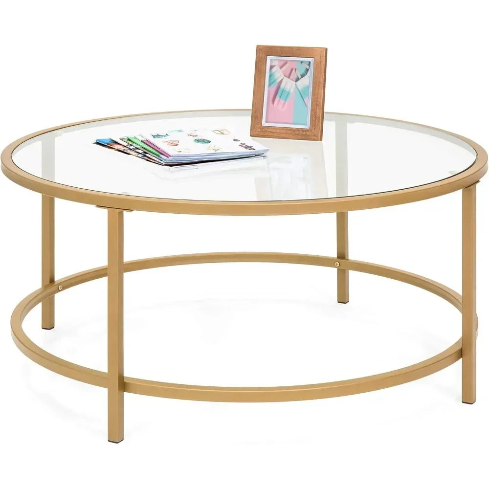 

36in Modern Round Tempered Glass Accent Side Coffee Table for Living Room, Dining Room, Tea, Home Décor w/Satin Trim,Metal Frame