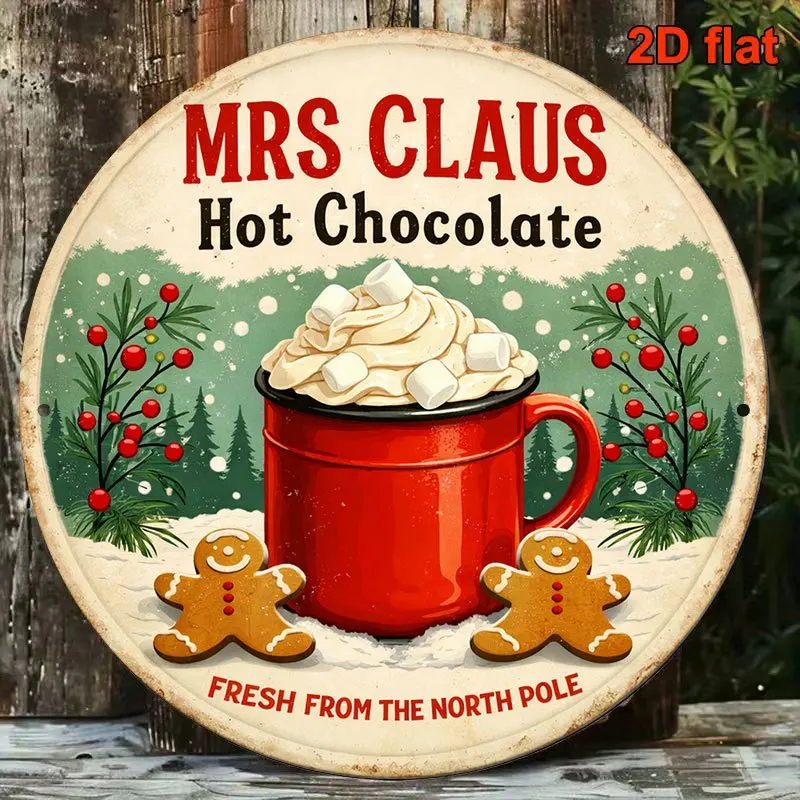 2D Flat, 1pc Bohemian Mrs. Claus Hot Chocolate Sign - Round Artificial Plaque Suitable for Kitchen, Cafe, Bar Decor, Christmas W