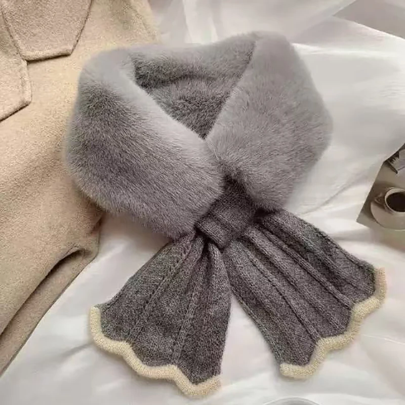 

Зимний плюшевый шарф, женский толстый шарф из искусственного кроличьего меха, воротник, вязаный крест, уличный велосипедный ветрозащитный шарф для шеи, защита шеи, теплый