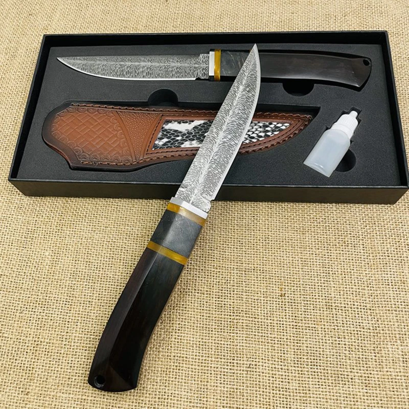 Jueying Feather Pattern Small Straight Knife High Hardness Damascus Steel Outdoor Camping Self Defense Sharp Survival Knife Coll