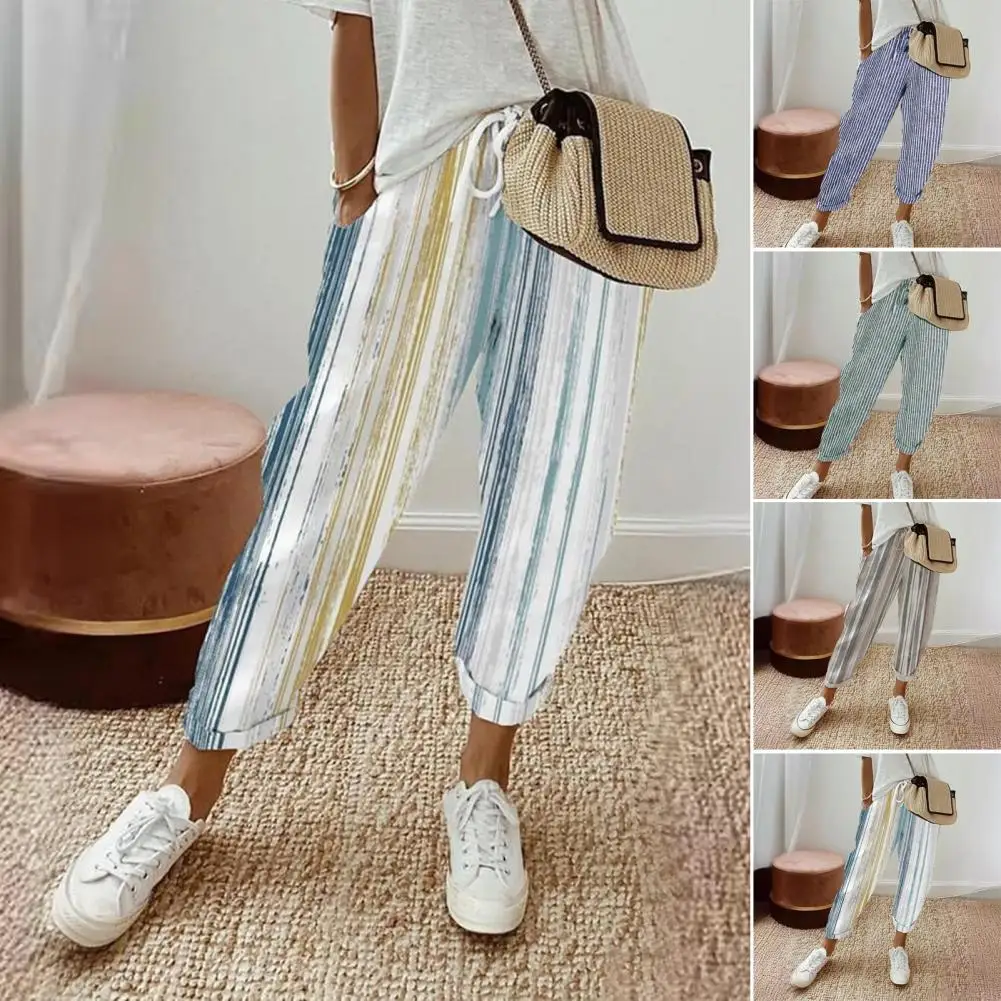 Vertical Stripe Trousers Striped Printed Loose Fit Pants with Adjustable Drawstring Waist for Women Stylish for Leisure