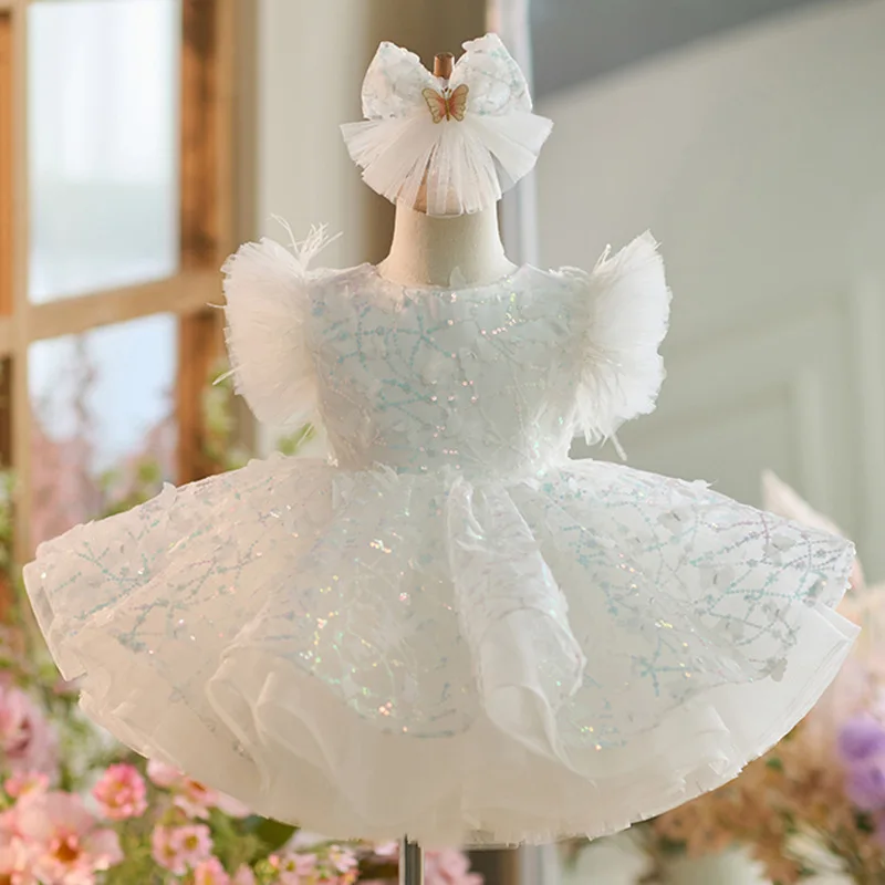 Baby Kids Princess Lace Sequin Bow Flower Girl Dress Children First Communion Dress Ball Gown Wedding Party Dress Birthday