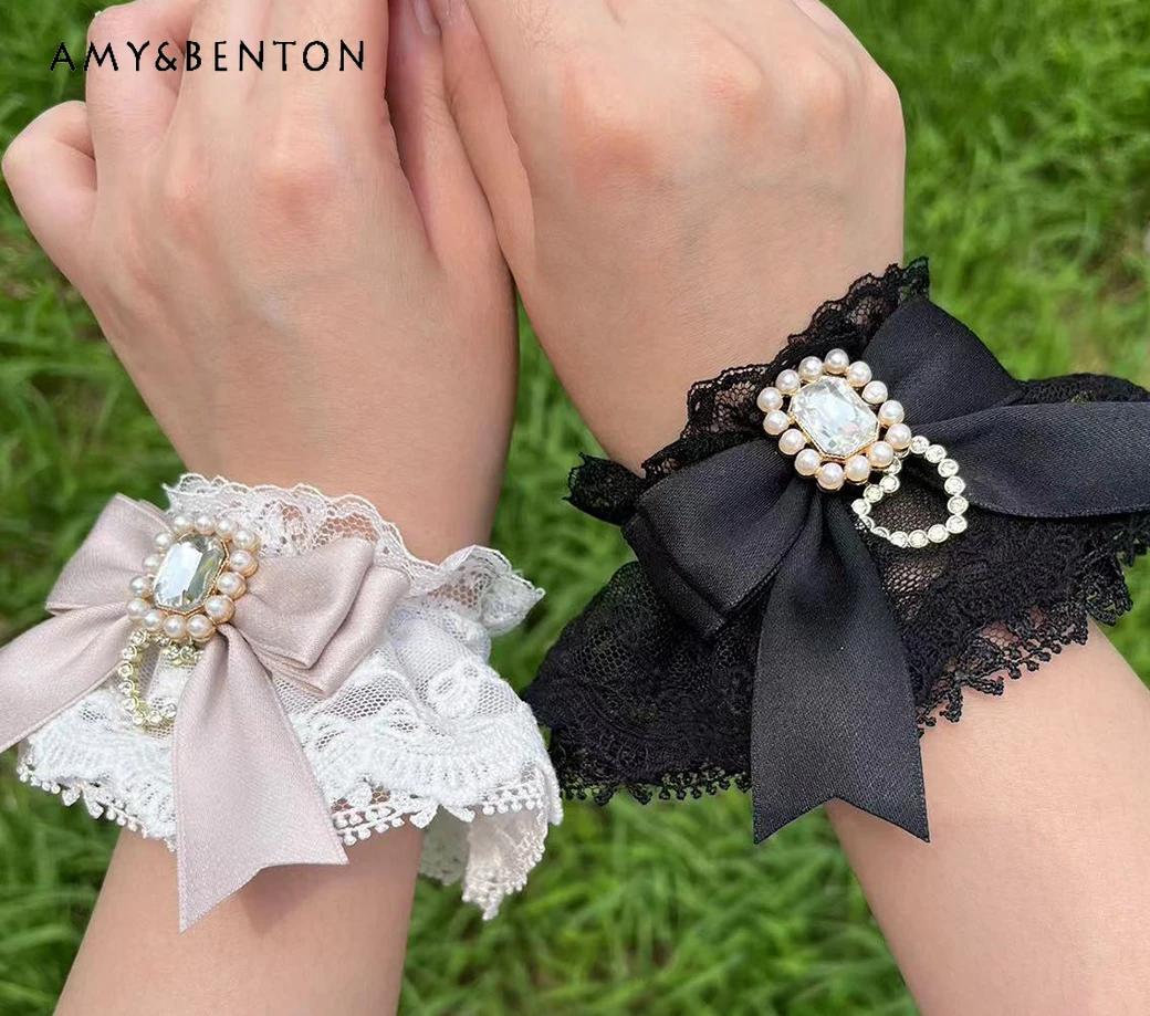 

Exquisite Heavy Industry Lace Bow Hand Sleeves Gloves Lolita Japanese Style Cute Elastic Exquisite Hand Crops for Girls Handwear