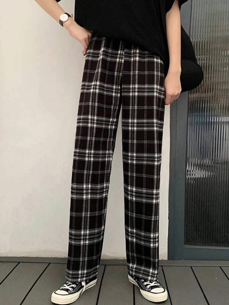 JMPRS Vintage Plaid Pants Women Casual Loose Wide Leg Trousers Ins Retro Teens Straight Trousers Hip-hop All Match Streetwear