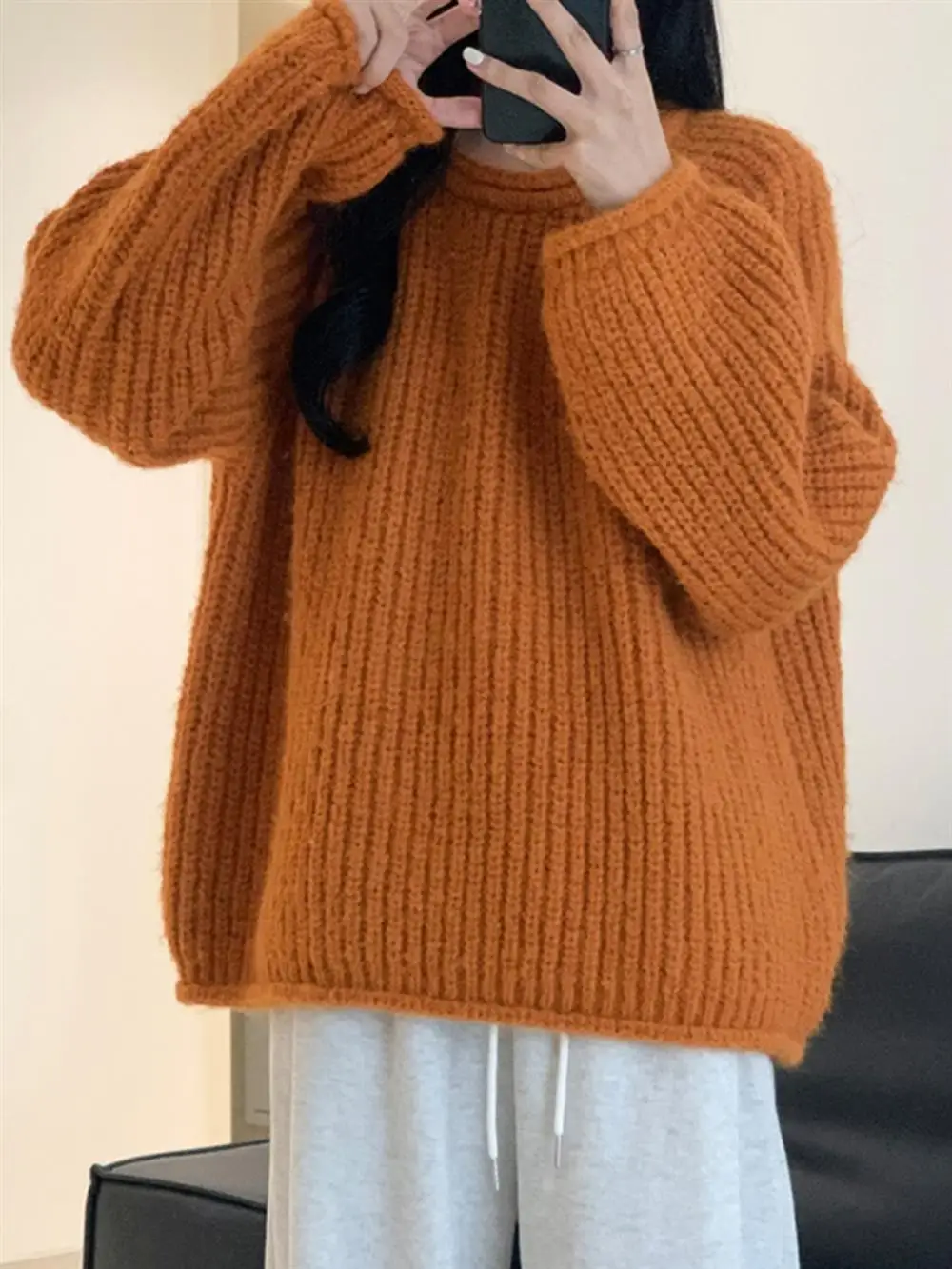 

Loose Women's Knitted Sweater in Creamy Yellow round Neck Overhead Style for Autumn Season Comfortable Boredom Fashion Outerwear