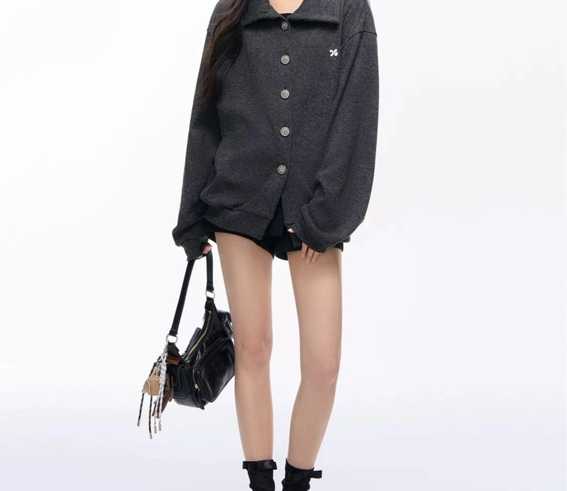 Autumn New Design Thick Pit Strip Knitted High Collar Button Cardigan Lazy Style Lapel Jacket Women's Top