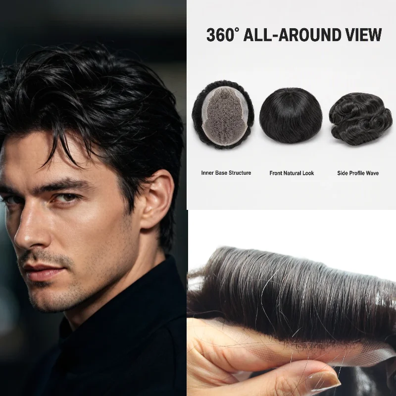 Human Remy Hair Q6 Base Men Hairpiece 8x10 6inch 30mm Wave Lace+PU Hand-Tied Remy Hair Ready Stock 72H Ship Support Dropship
