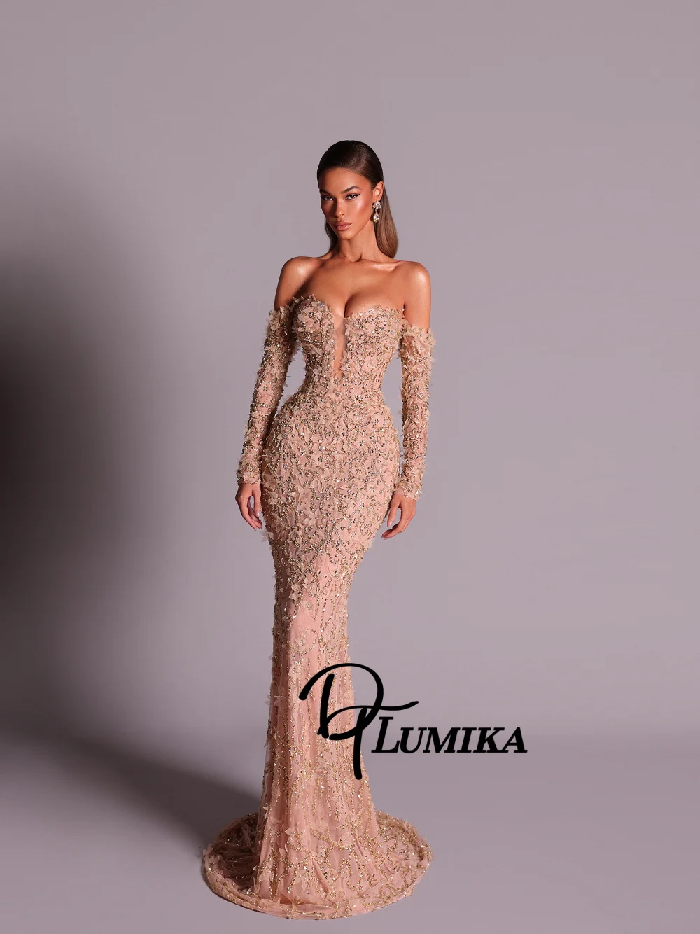 

DTLumika Heart-shaped Neckline Sparkly Evening Dress Floral Appliques Beaded Mermaid Prom Gown Customized Richly Galas Wear