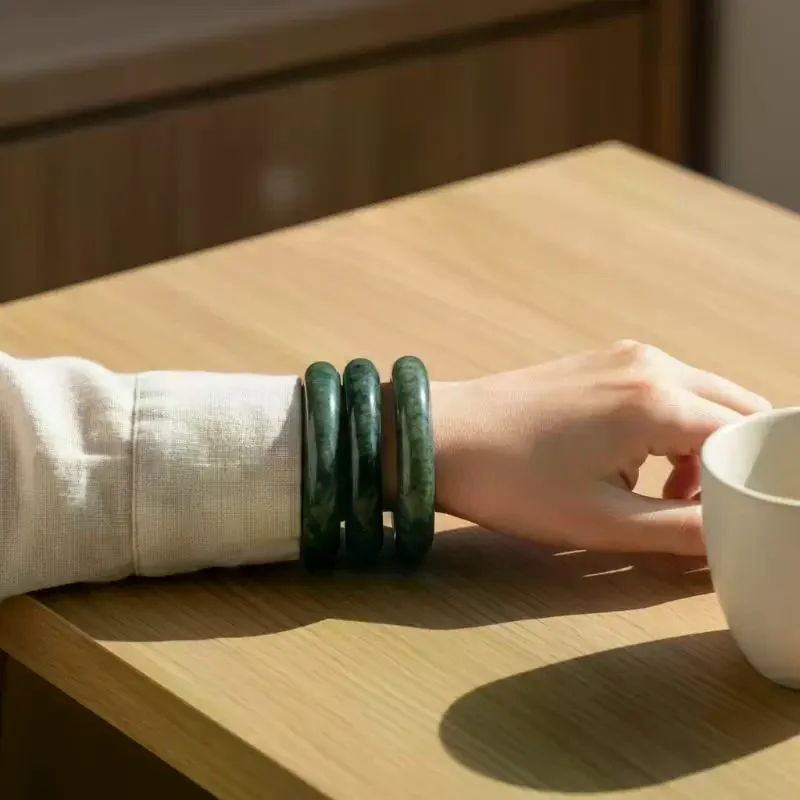 Natural Green White Hand Carved Wide Jade Bracelet: 1 PCS Fashion Boutique Nanyu Jewelry