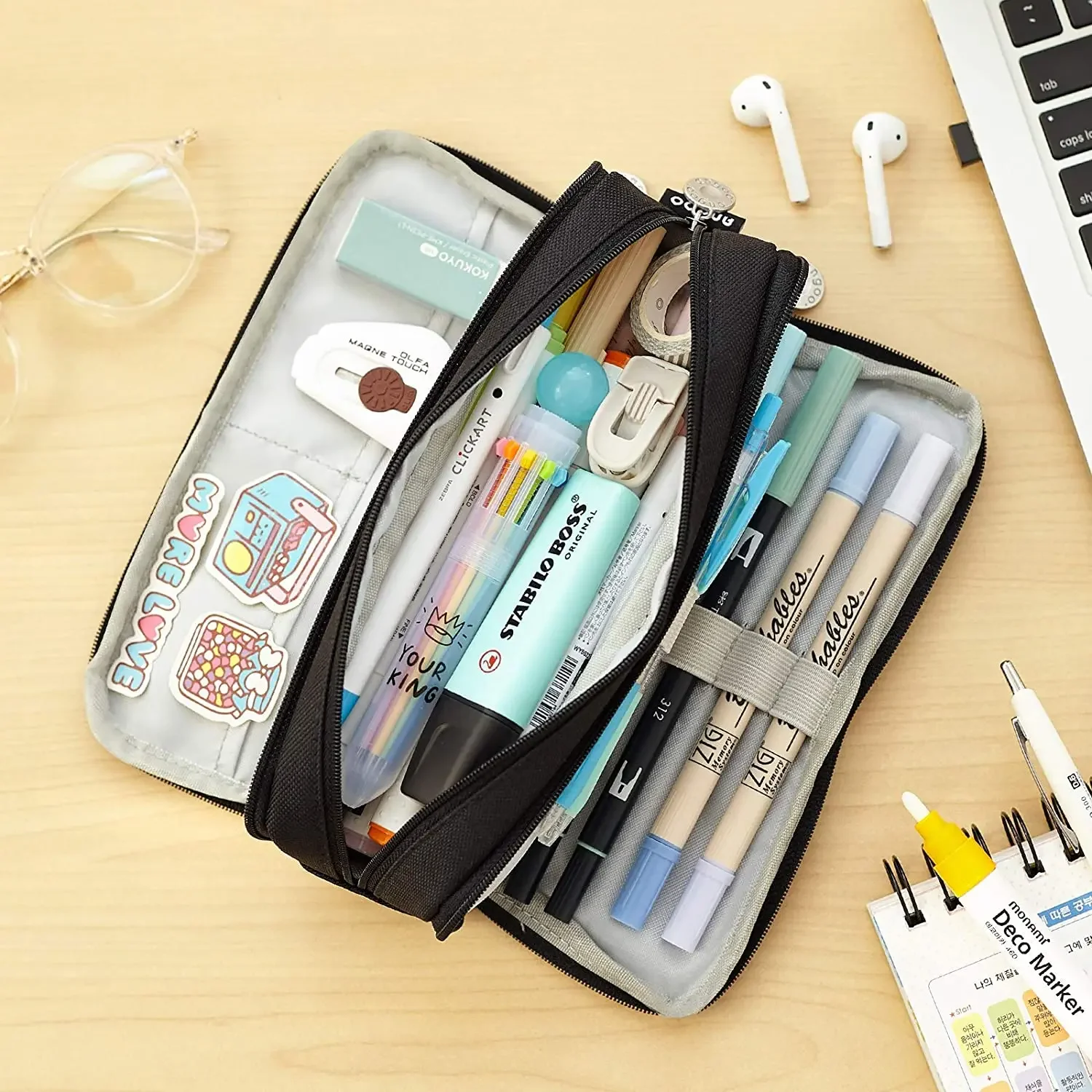 Kawaii Large Storage Pencil Case-3-Compartment Bag, Double-Side Open, Student Stationery, Desk Organizer for School Use