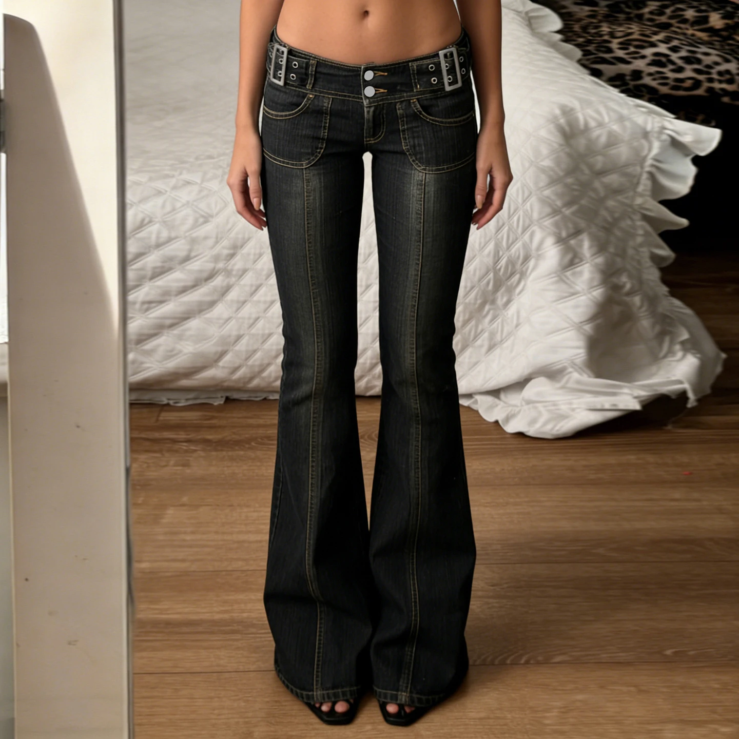 

IAMSURE-Street Fashion Low Waist With Double Buttons-Fly Jeans Women Slimming Solid Pockets Flared Denim Trousers Vintage Bottom