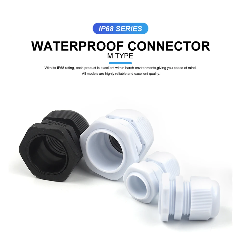 1PCS White Black Waterproof Cable Gland IP68 Nylon Fixing Plastic Connector Plastic Cable Entry M25/M27/M30/M32/M36/M40/M50/M63