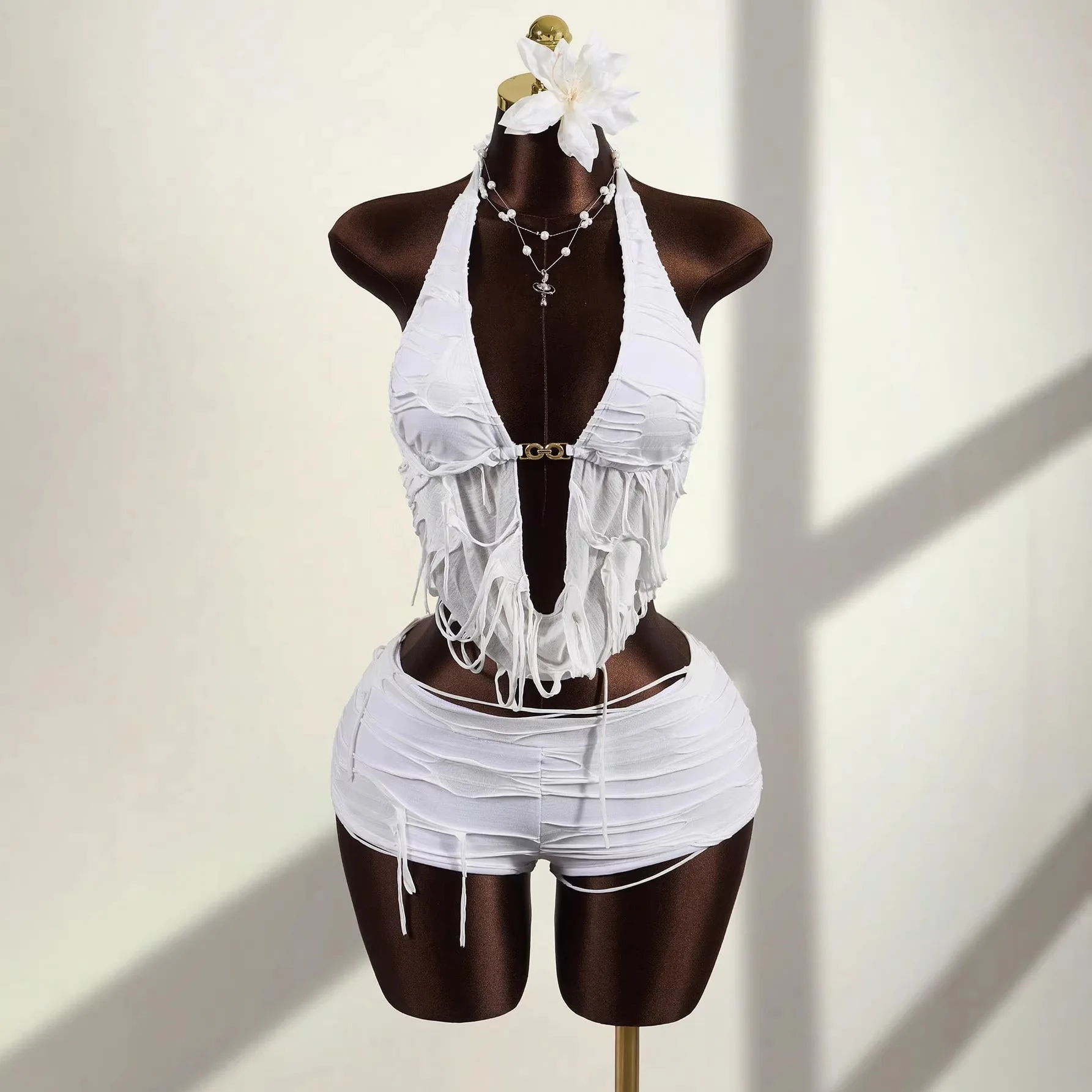 New Solid Color Slim-fit Sexy Vacation-style Halter Neck Tie-back Low-neck Backless Tank Top And Shorts Two-piece Set