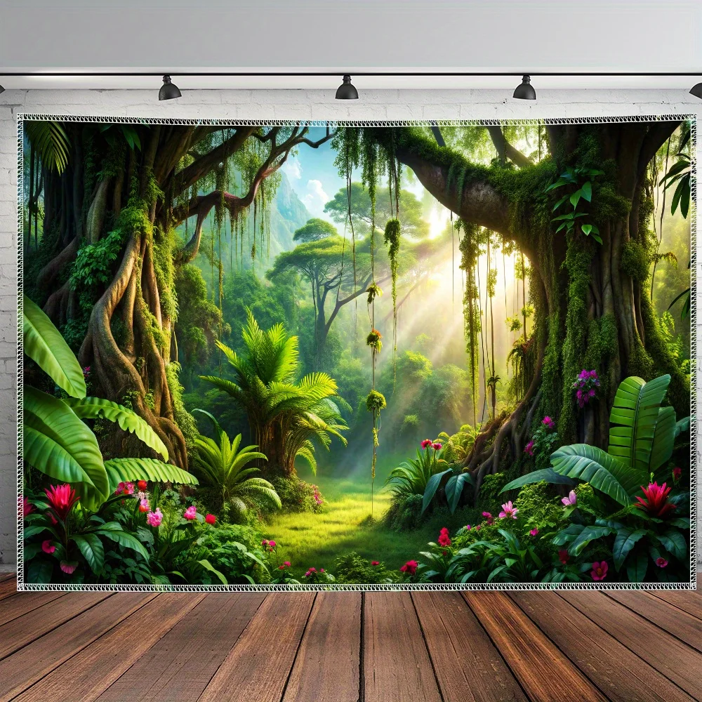Tropical Rainforest Tapestry, Lush Jungle with Sunlight and Waterfall, Nature Scenery Wall Art for Living Room Bedroom Decor