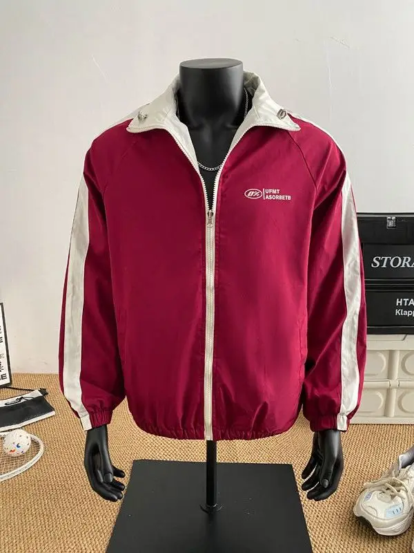 

American Retro Reversible Stand Collar Jaet ex Loose Versatile Sports Coat Couple Sle Trendy Casual Polyester Fabric