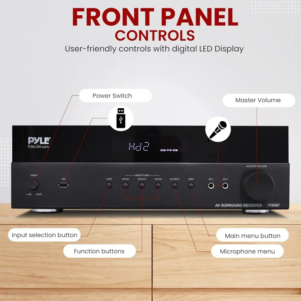 5.2 Channel Hi-Fi Home Theater Receiver - 1000W MAX Wireless BT Surround Sound Stereo Amplifier, Immersive Home Audio Experience