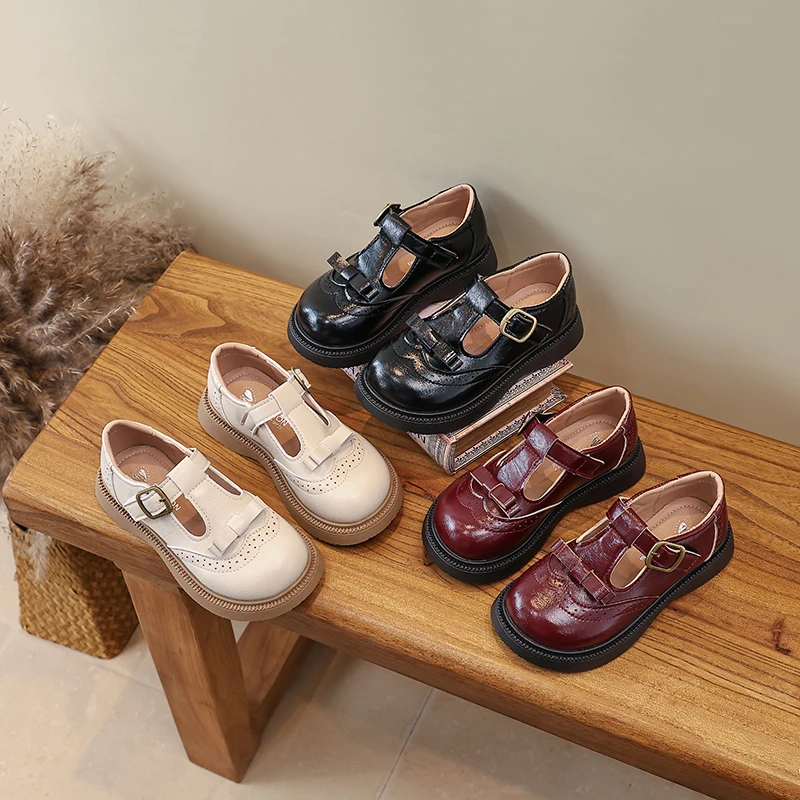 Autumn Girl's Leather Shoes Chunky T-strap Fashion Comfy Kids Mary Janes Brogue Perforations Non-slip Shool Girls Flats 26-37