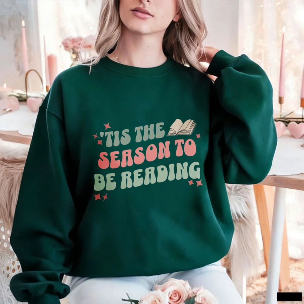 Retro Christmas Reader Sweatshirt TIS THE AA SERSON TO BE RERDING  Streetwear Women Kawaii Clothes Sweatshirts