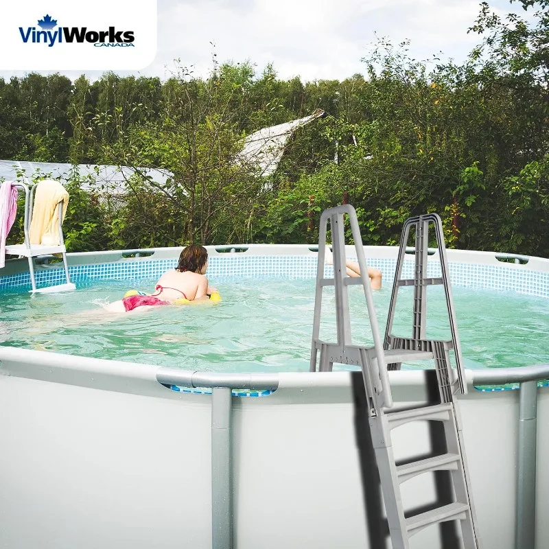 Vinyl Works SLA A-Frame 48 to 56 Inch Adjustable Above Ground Swimming Pool Ladder Entry System with Slide Lock Barrier,Handrail