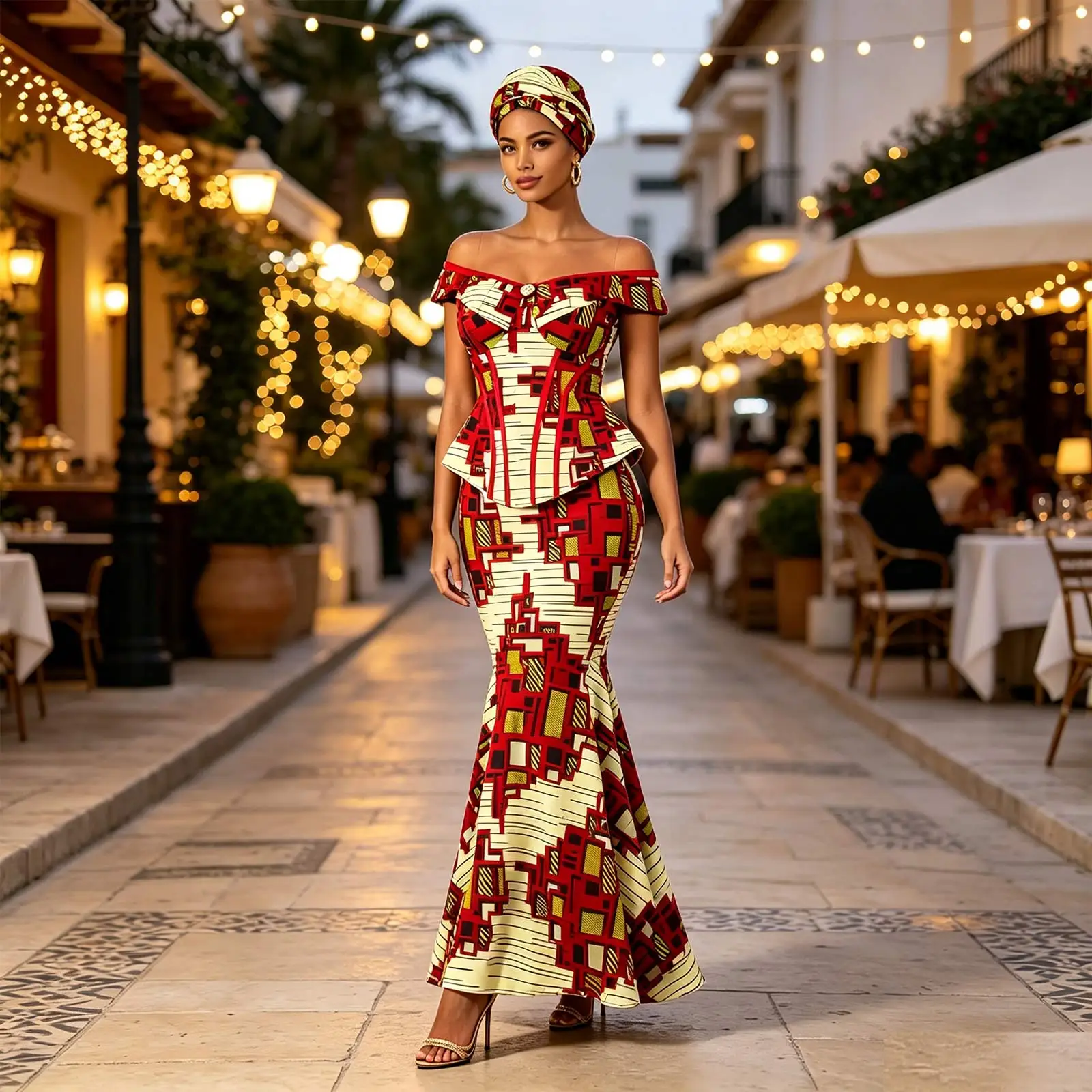 Luxury African Party Dress Ankara Print Off-Shoulder Top Maxi Skirt with Headscarf for Wedding Festival Women's Ensemble 2626014