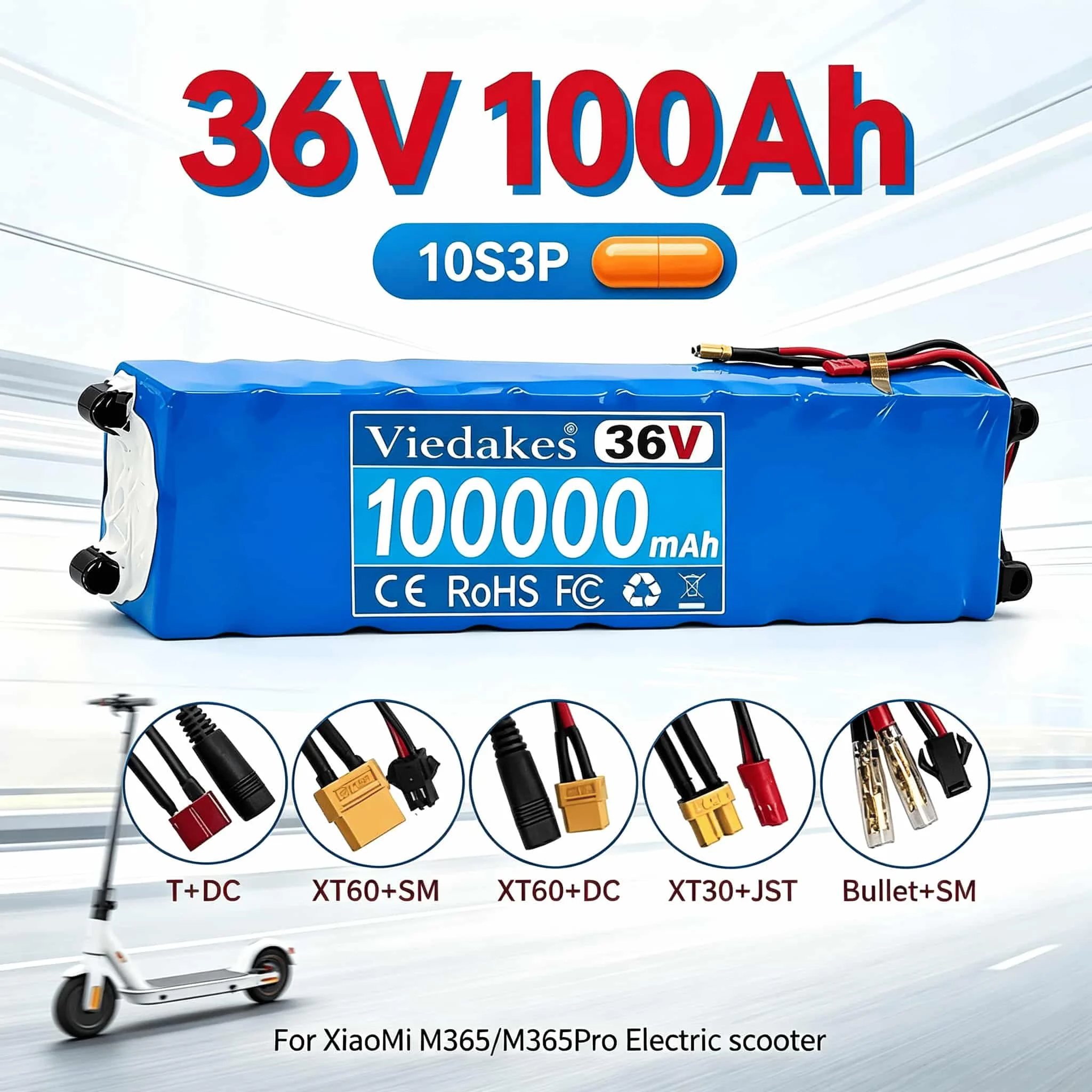 Viedakes 10S3P 36V 100Ah Replacement Battery For XiaoMi M365 M365 Pro, XT60 & DC Plug High Cycle Lithium‑ion Battery