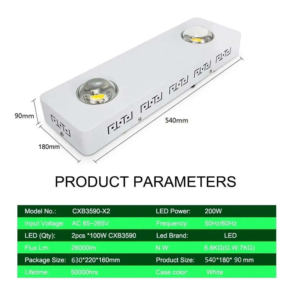 CXB3590 200W Dimmable COB LED Grow Light Full Spectrum 26000LM = HPS 400W Growing Lamp Indoor Plant Growth Panel Lighting