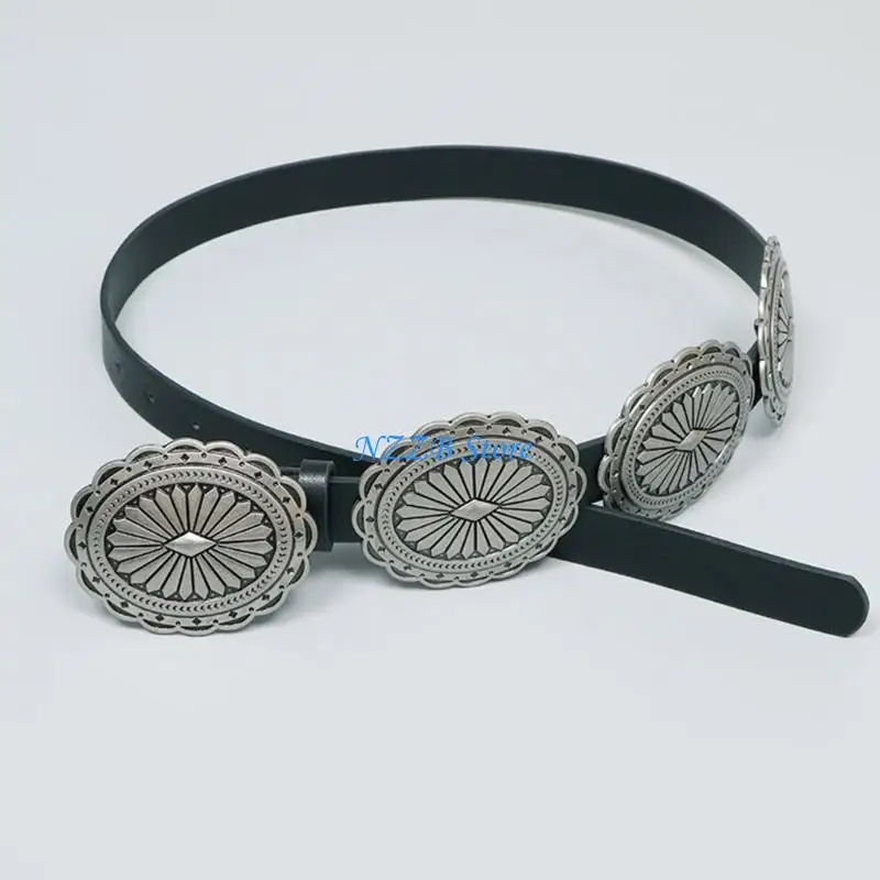 

T21F National Carved Floral Buckle Waist Belt PU Thin Belt for Dress Jeans Adjustable