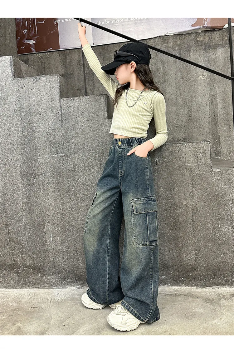 Mädchen Frühling Herbst Cargo Weite Bein Jeans 4-14 Jahre Kinder Elastische Hohe Taille Multi-Taschen Lose Freizeithose – Detail 33