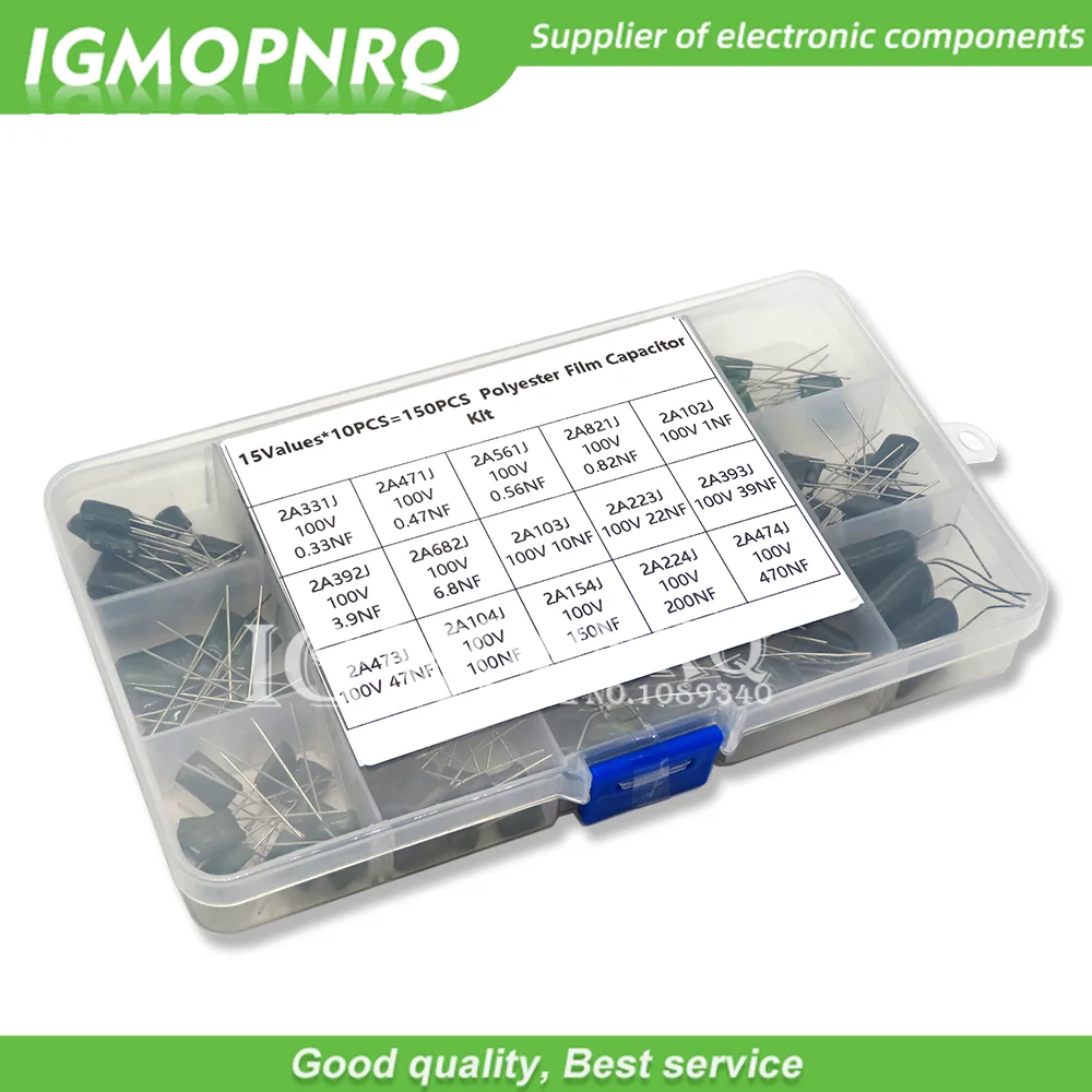 

150Pcs 15Values Polyester Film Capacitor Assortment Box Kit 0.33NF 2A331J 470NF 2A474J 2A821J 2A102J 2A393J 2A474J igmopnrq