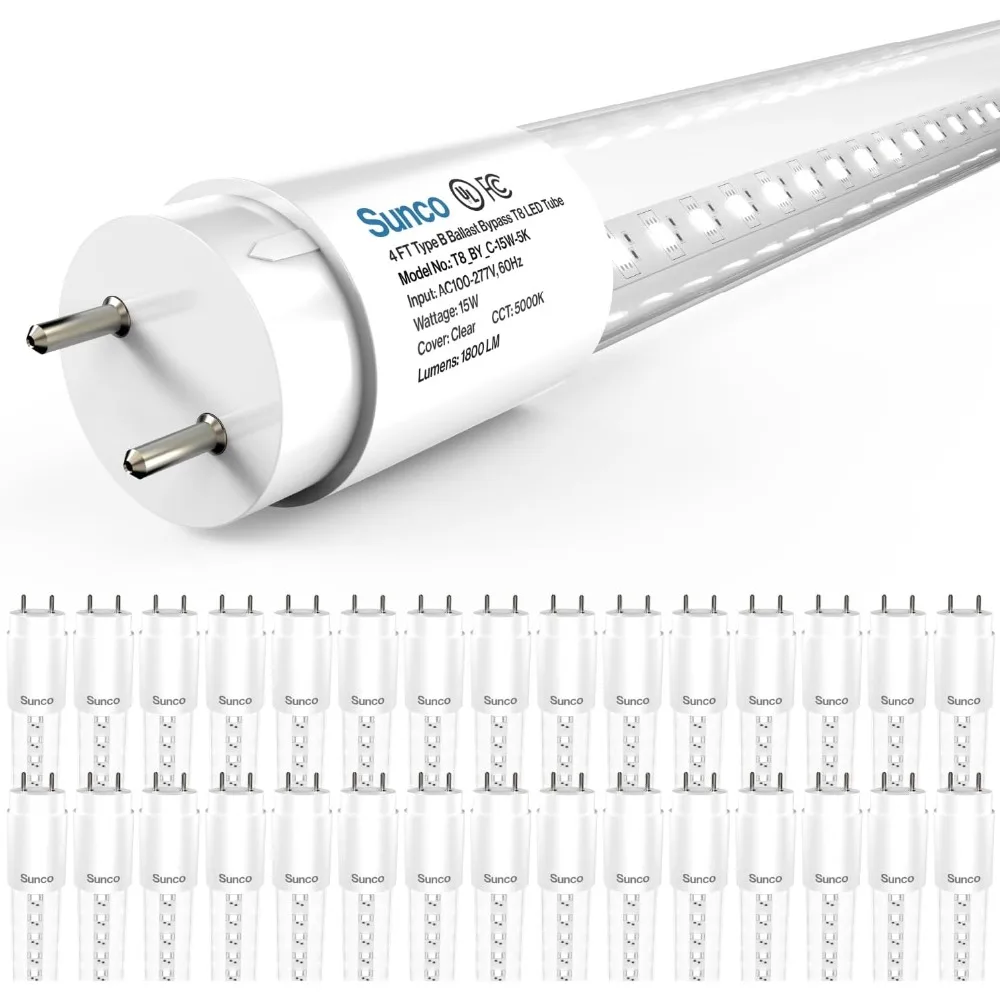Sunco 30個入り T8 LED 4フィート チューブライト、バラストバイパス、5000K デイライト、15W、クリアカバー、レトロフィット、シリコン