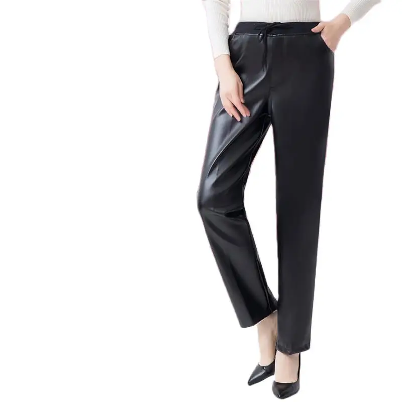 Women's Leather Pants 2023 New Middle-Aged And Elderly Leather Pants Casual Warm Leather Pants Windproof Straight Leather Pants