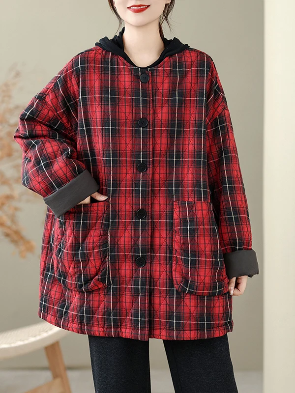 

Retro Sle Plaid Cotton Jaet Women's Loose Fit Winter Coat Casual Warm round Ne Mom Coat Large Size Comfortable Outerwear