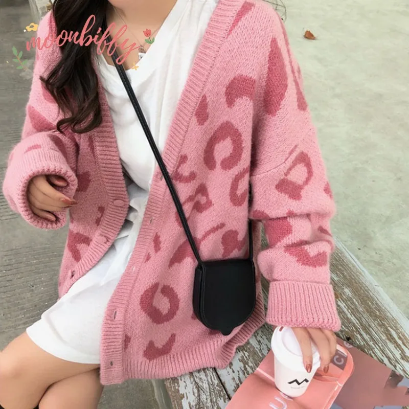 Fashion Autumn Winter Knitted Leopard Sweaters Women Korean V Neck Thick Print Cardigan Coat Loose Button Outwear