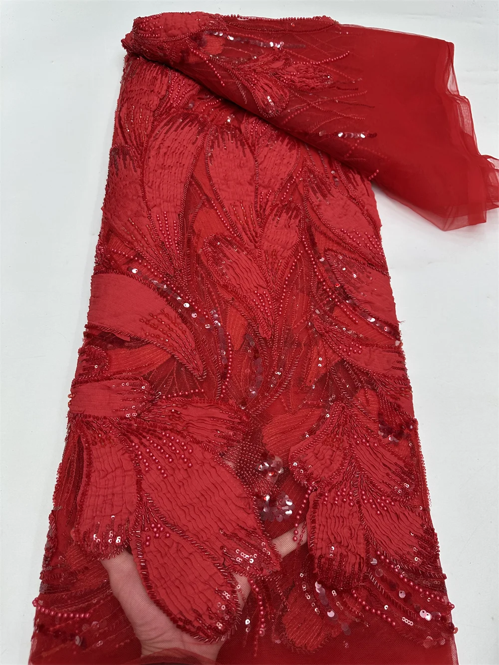 

African Beads Lace Fabric 2025 5 Yards High Quality 3D Lace French Mesh Tulle Sequins Embroidery For Wedding Bridal Lace Party