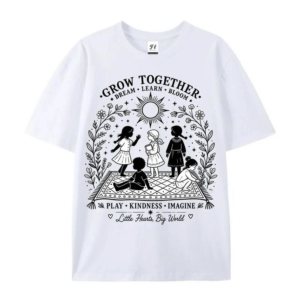 Women Grow Together Graphic T Shirt Little Hearts Big World Floral Kids Illustration Casual Summer Top Retro Style