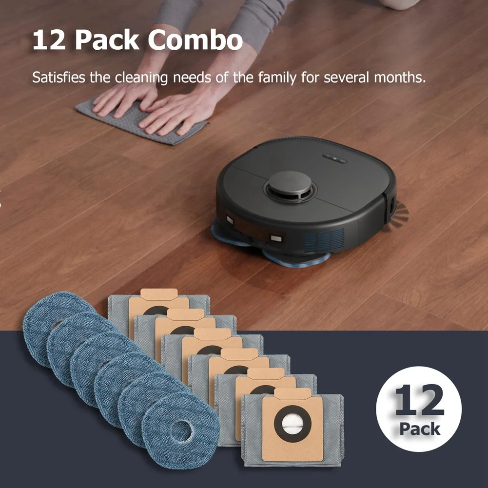A01M-12-Pack accesorios de repuesto para Robot aspirador bolsas de polvo y almohadillas de fregona para Eufy X10 Pro Omni