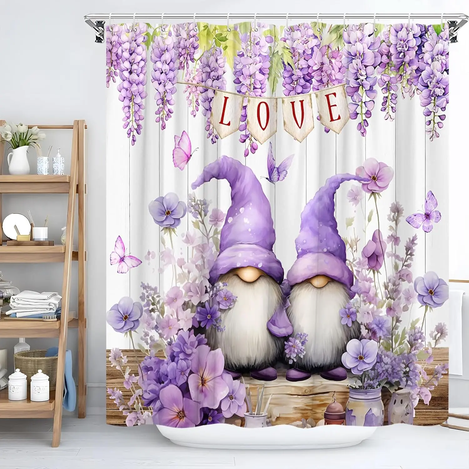 

Lavender Gnome Shower Curtains Watercolor Purple Weeping Wisteria Vine Floral Butterfly on Rustic Barn Wooden Board Farmhouse