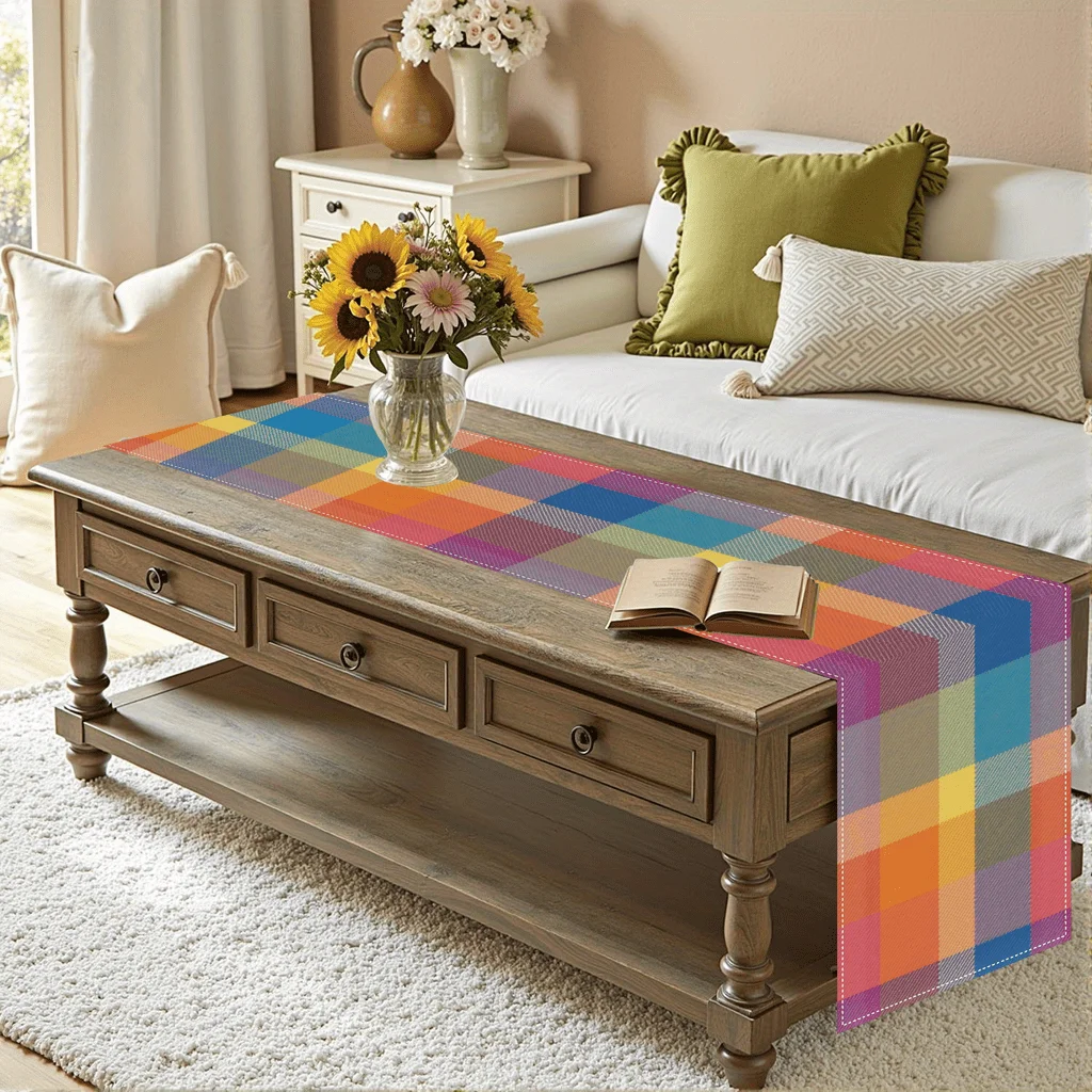 

1 шт. Настольная дорожка в радужную клетку, льняная, с 2D-печатью, для кухни и столовой, подарок для дома на праздники