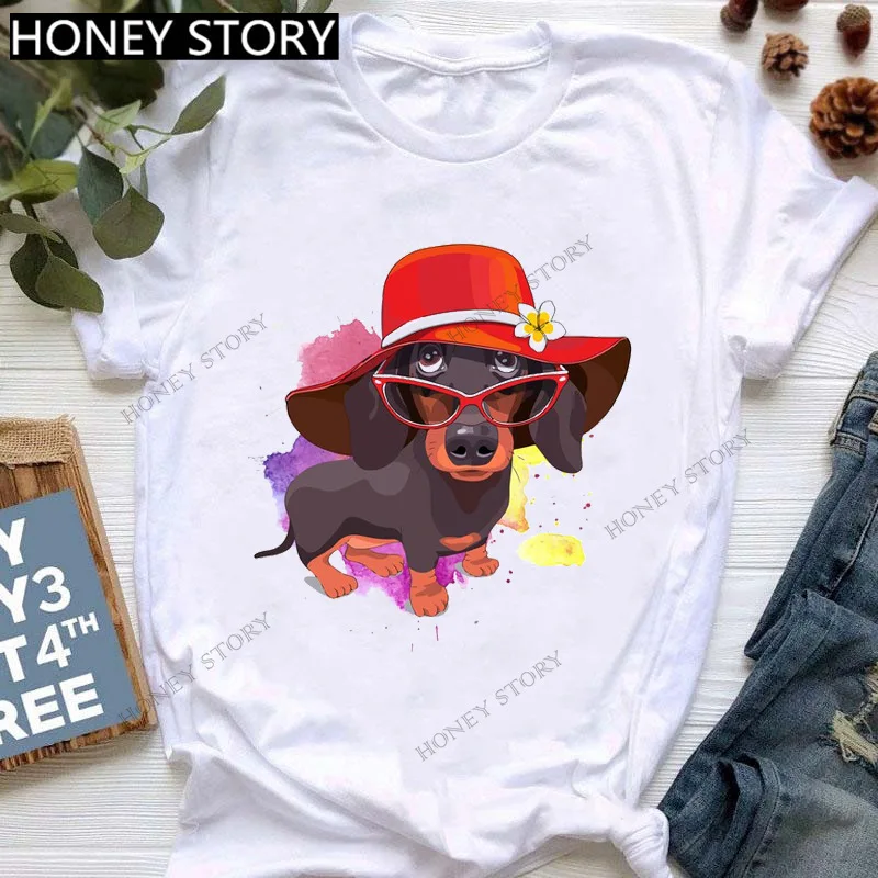 Fashion Cute Dog Dachshund Print Round Neck Short Sleeve T-shirt Women Loose Cartoon Tops Oversized T Shirt Women Clothes