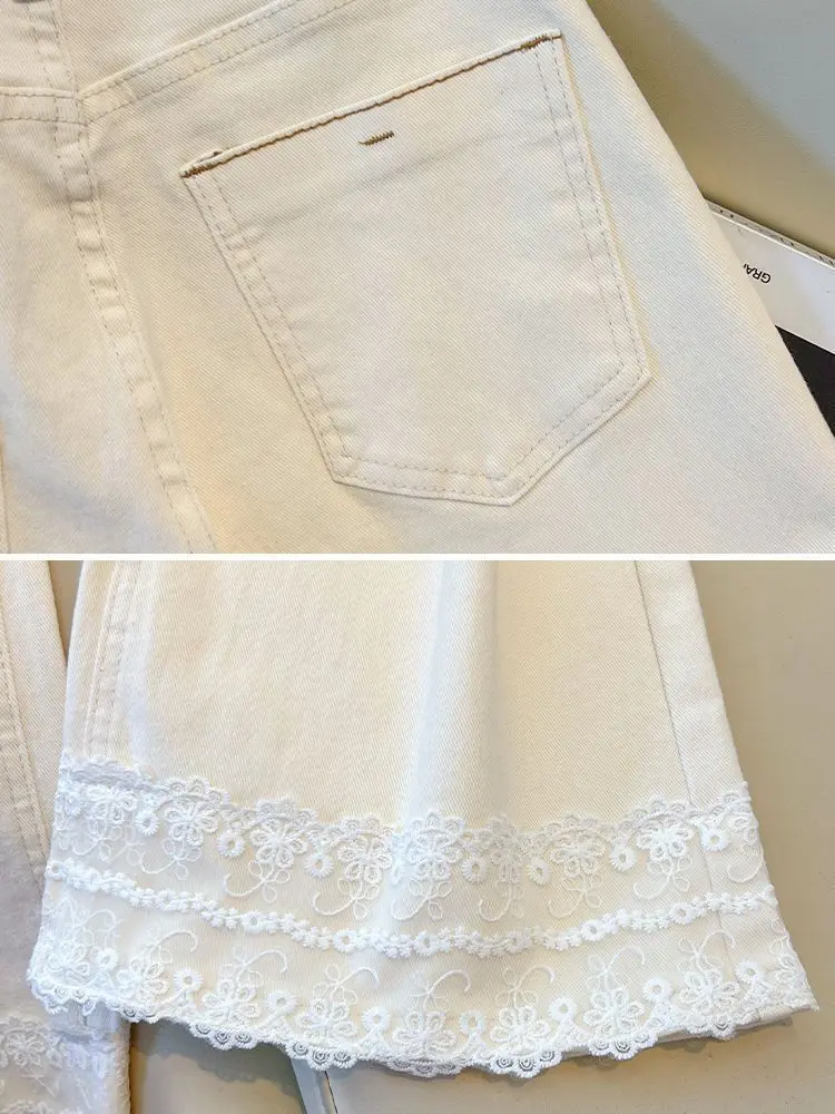 2026 nuove donne bianche a vita alta jeans a gamba larga pizzo trim pantaloni in denim vestibilità ampia primavera estate moda casual pantaloni dimagranti