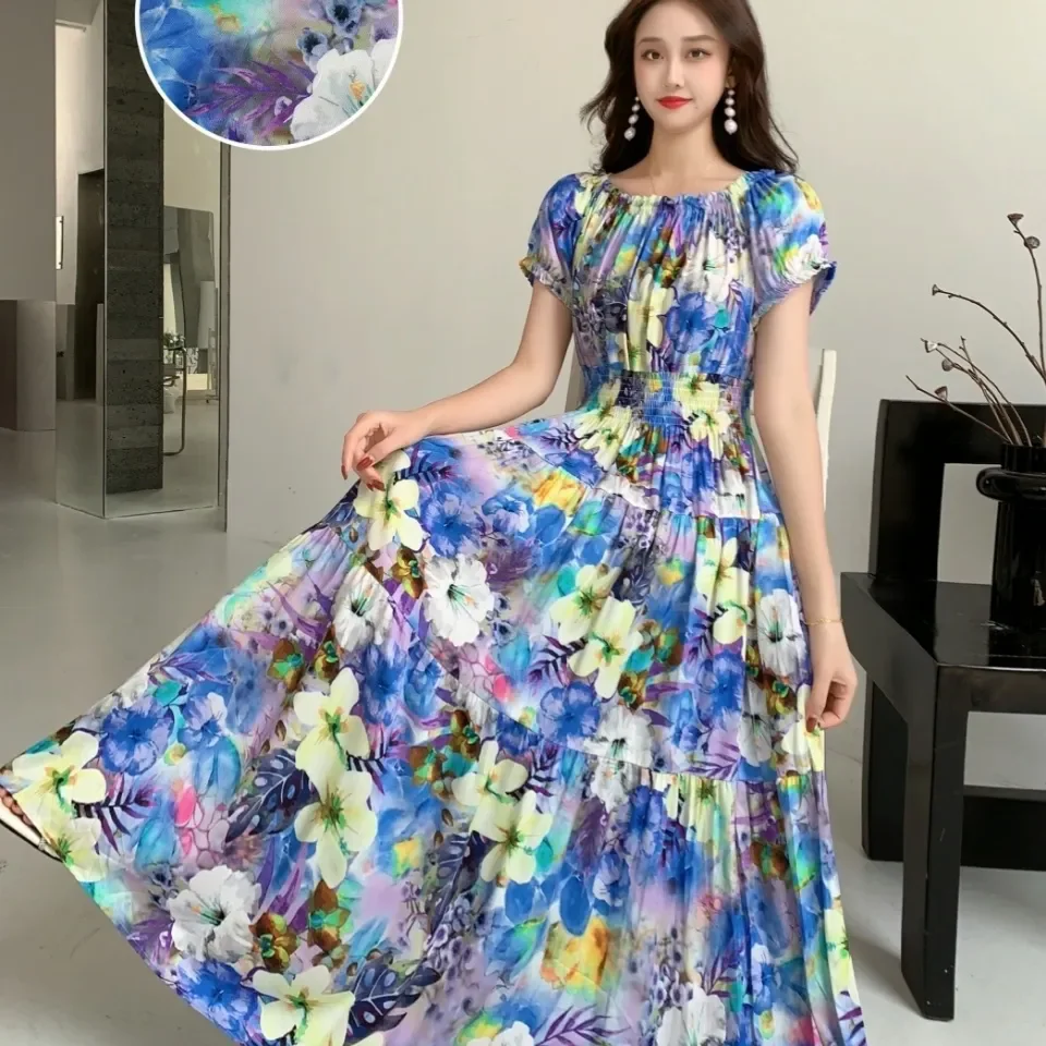 Baumwoll-Seidenkleider für Damen, 2025, Sommer, neues bedrucktes Kleid mit hoher Taille, schlankes langes Kleid aus künstlicher Baumwolle, böhmisches Blumenkleid