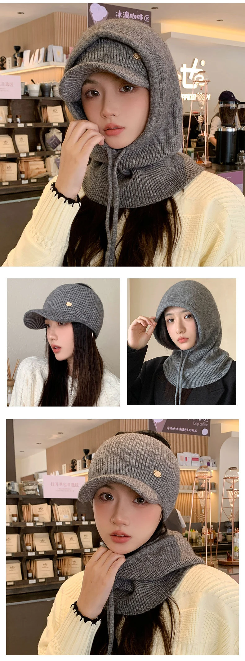 Zweiteiliges gestricktes Oberteil, Kappe und Sturmhaube für Damen und Herren, Schal, einteilige Mützen, Unisex, warme Wintermütze, kältebeständige Skimütze – Detail 2