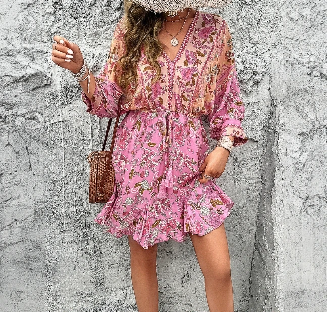 

Women's fashionable and elegant casual dress 2024 summer new printed vacation style dress