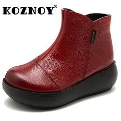 Koznoy Warm Winter Wedge Ankle Boots 6cm Natural Genuine Leather Women Moccasins Platform Autumn Spring Motorcycle Plush Shoes