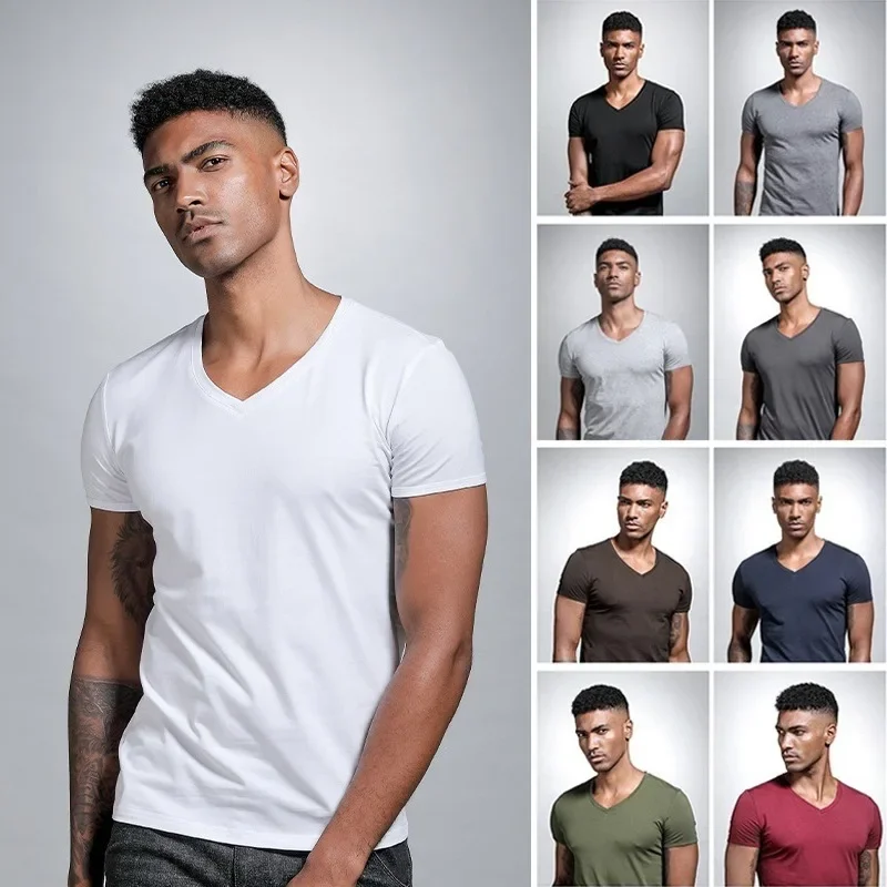 Wholesale Summer Solid Color V-neck White Tight Base Layer Top Men's Short Sleeves Heart Shape Inner Slimming T-shirt Base Layer