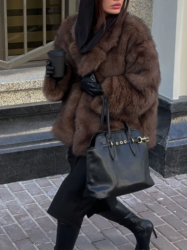 Winter Brown Lapel Loose Faux Fur Coat Fashion Fluffy Warm Thick Long Sleeve Overcoat 2024 Lady Street Style Furry Outerwear