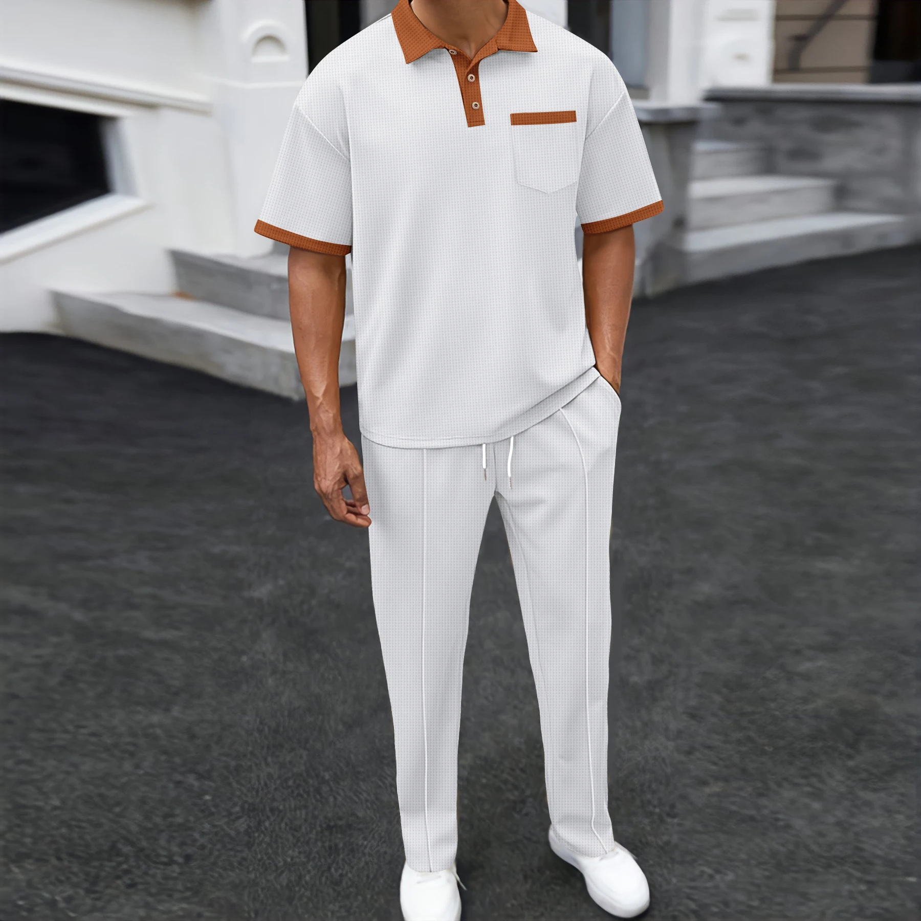 2025 men's new Waffle collar matching color short-sleeved pants two-piece casual suit
