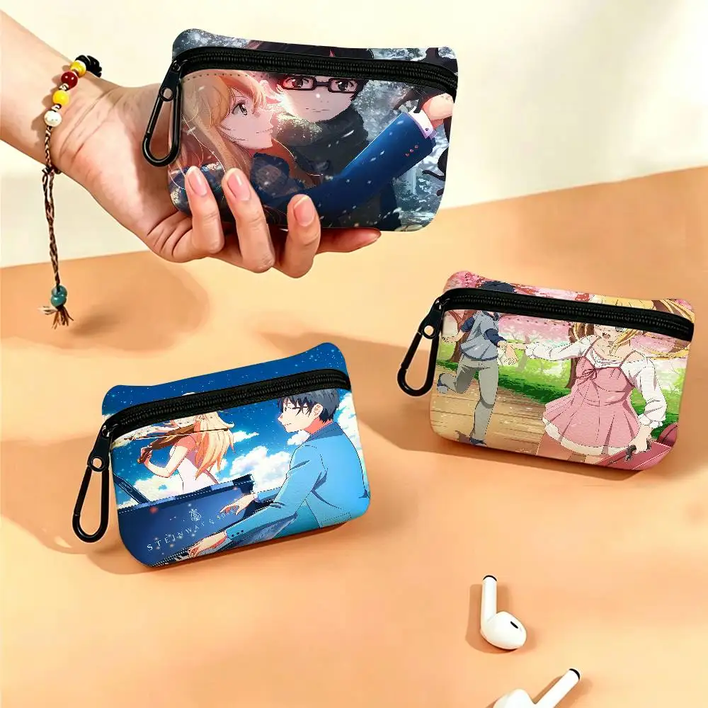 Anime Your Lie In April Lightweight Oxford Fabric Coin Purse Carabiner Hook Design Mini Card Key Organizer Bag