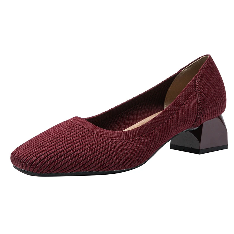 Straight Grain Square Toe Princess Shoes Thick Heel Single Shoes Women Summer Mid-Heel 4cm Breathable Knitted Soft Sole Casual view 2